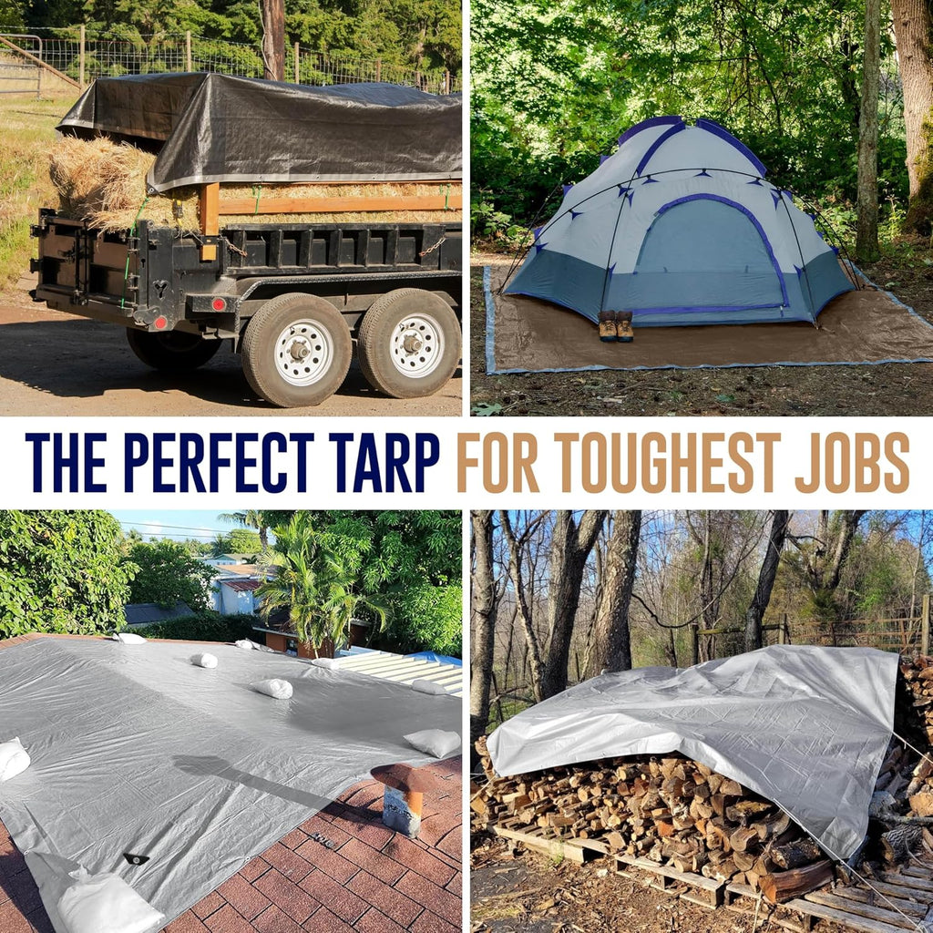20x40 Tarp Heavy Duty, Large Tarp Waterproof - 10 Mil Extra Thick, UV Resistant, Grommets Every 18' - Outdoor Waterproof Plastic Poly Tarpaulin, Camping, Pool, House Roof Rain Cover (Silver/Brown)