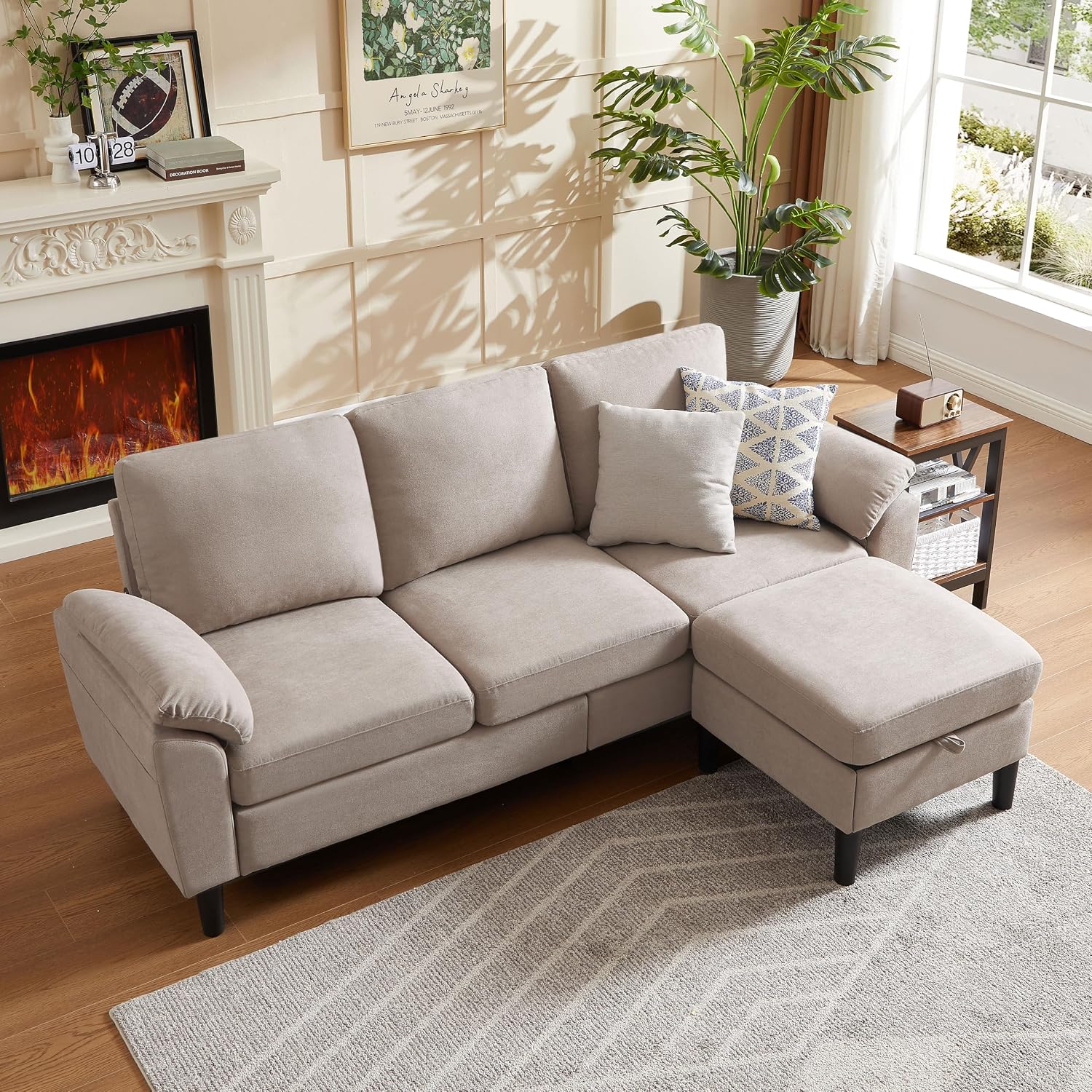 Convertible Sectional Sofa Couch with Ottoman, 79' Modern L Shaped 3 Seat Sofa, Linen Fabric Small Sectional Couch with Movable Storage Ottoman for Small Spaces Living Room (Beige)